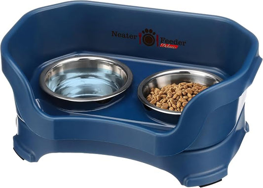Neater Pet Brands Neater Feeder Deluxe Mess Proof Cat Bowls Elevated, Made in USA, No Spill Raised Bowls for Indoor Cats, Stainless Steel Food and Water Bowl Set, Pet Dish Feeding Station, Dark Blue by NeaterPetBrands