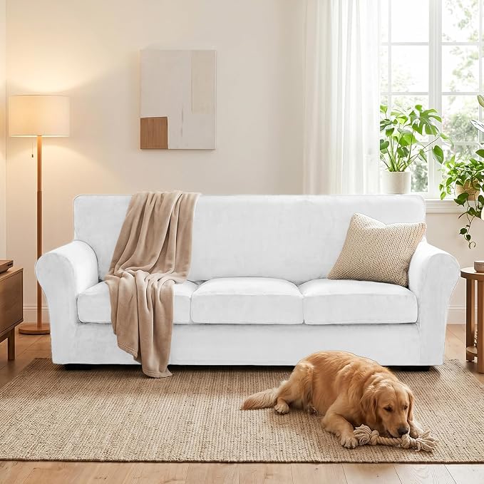 XINEAGE 4-Piece Velvet Sofa Cover,Couch Covers for Dog,White | 3 Cushion Sofa,Stretch Non-slip Elastic, Pet-friendly, Washable, Fast Setup, Soft Plush Fabric, Furniture Protector. - Image 4