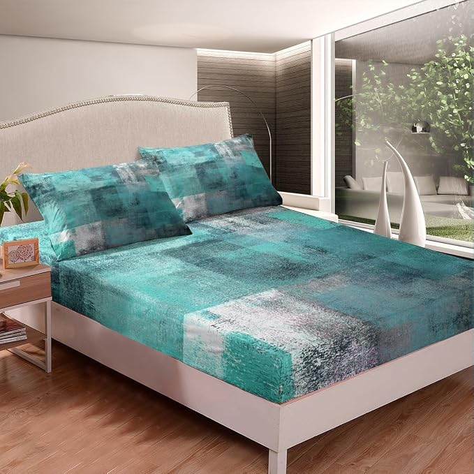Erosebridal Teal Bed Sheets Set for Kids Boys Girls,Mid Century Sheet Set Full,Oil Painting Sheets,Watercolor Ombre Abstract Art Flat Fitted Sheet with 2 Pillowcases Bedroom Decor - Image 4