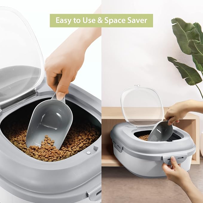 Collapsible Dog Food Storage Container, Airtight Sealed Pet Container with Measuring Scoop & Wheels, 30 lb Large Plastic Cat Containers Bin for Treats, Grey - Image 3