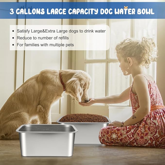 Bwogue Extra Large Dog Water Bowl, 3 Gallons, Stainless Steel, Durable, High Capacity, Rectangular Structure, Strong Stability, Easy to Clean | Large Dog Water Bowl, Large Water Bowl for Dogs, Wide Deep Bowl, Rectangular Shape, Easy to Clean, Indoor Ou... - Image 2