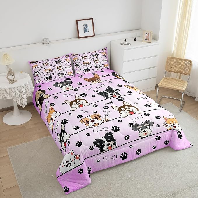 Manfei Cartoon Dog Kids Comforter Set,Lovely Pup Pet Animals Lover Down Alternative Adults Bedroom Decor,Paw Bone Print Light Purple Ultra Soft Microfiber Inner Fill 3Pcs Bedding Queen Size - Image 3
