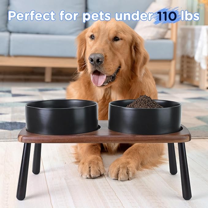 SPUNKYJUNKY Ceramic Elevated Dog Bowls Raised with Acacia Bamboo Wooden Stand, 8.3'' Dog Food Water Bowls Set Non-Slip for Medium Large Sized Breed Microwave Dishwasher Safe - 60 OZ,Black - Image 7