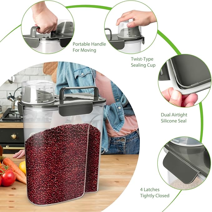 Viretec Rice Storage Container, 5 to 10lb Dry Food Airtight Dispenser, Pet Dog Cat Food Canister, BPA Free Clear Plastic Kitchen and Pantry Bin for Oatmeal, Cereal, Pasta, Flour Pack of 2 Grey - Image 4