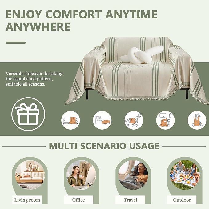 DREAMINGO Chenille Armchair Cover Jacquard Sofa Covers Washable Furniture Protector Recliner Couch Cover 1 Cushion Reversible Chair Cover Beige Green Striped Couch Cover Blanket 71"x 71" - Image 3