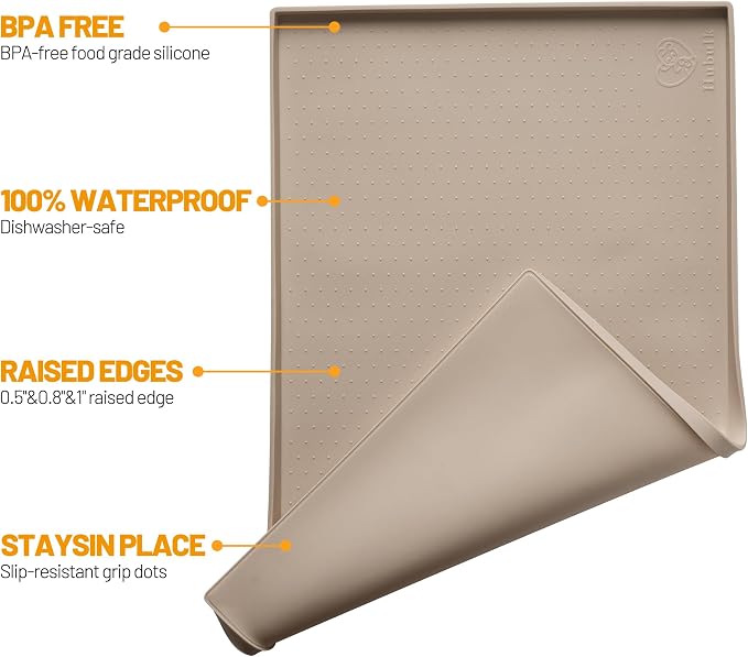 Hubulk Dog Feeding Mat,100% Waterproof Food Grade Silicone Pet Food and Water Bowl Placemat,Dishwasher, High Raised Edge to Prevent Spills,Nonslip Tray to Stop Messes on Floor（32"x24"x1.0", Taupe） - Image 2