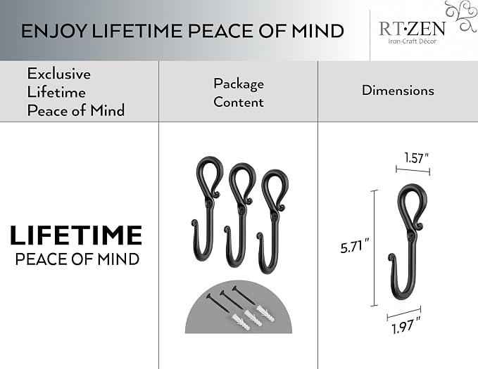 RTZEN Classic Farmhouse Wall Mount Multi-Use Wrought Iron Hook Set (3 Pack) | Decorative Rustic Metal Handcrafted Bathroom, Entreyway Home Decor Hooks Suitable for Coats, Towels, Robe or Hat Hanging - Image 4