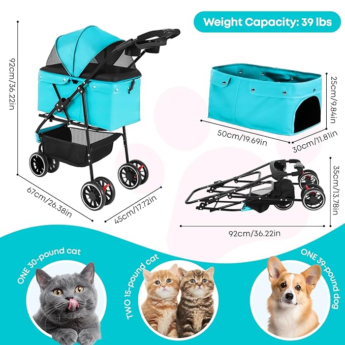 Pet Stroller,Dog Stroller for Small Medium Dogs Cats,3 Wheels,Foldable,with Breathable Mesh Canopy,Cup Holders,Easy Assembly,Mint Green