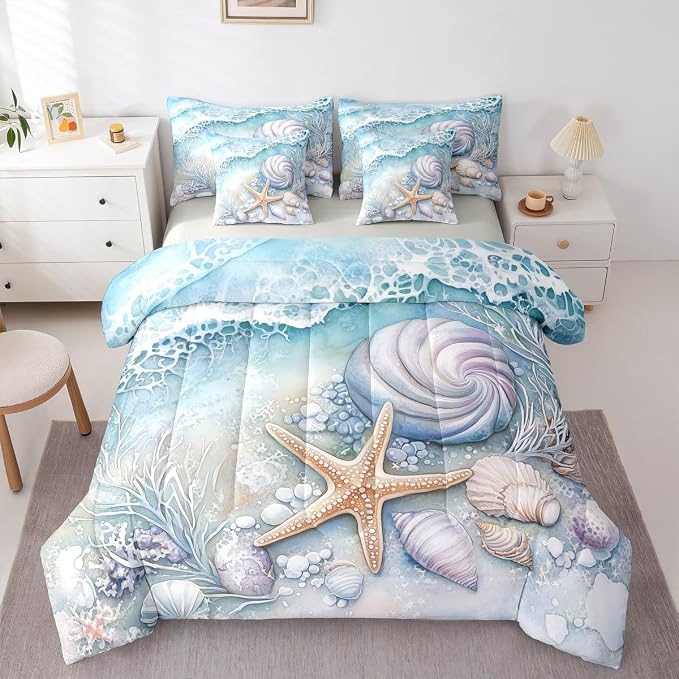 Erosebridal Blue Ocean Coastal Theme Bed in A Bag, Summer Beach Nautical Comforter Set with Sheets Twin for Kids Boys Girls, Shell Coral Starfish 7 Pcs Bedding Set, Seawaves Ocean Life Bed Sets - Image 3