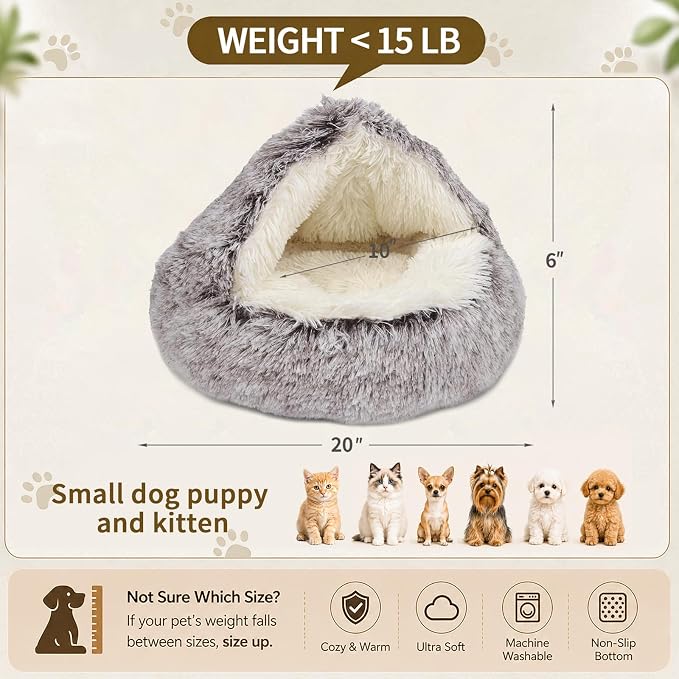ShinHye Cozy Cat Bed - Round Plush Fluffy Hooded Cave, Indoor/Outdoor, Waterproof & Washable (20x20inch, Coffee) - Image 2