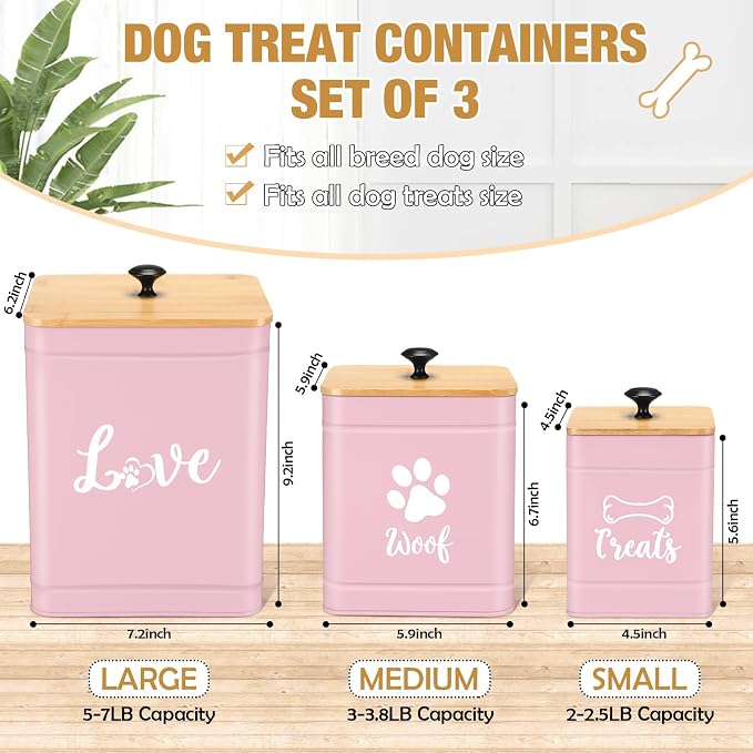 Jingmore Metal Dog Treat Containers Set of 3 with Bamboo Lids and Spoon Airtight 7+3+2 lbs Dog Food Snack Jars with DIY Labels Big Pet Cookie Storage Jar for Kitchen Counter (Pink,Funny) - Image 2