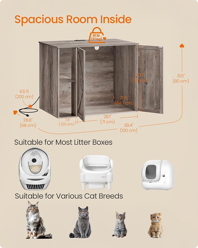 Feandrea Litter Robot Enclosure, Automatic Cat Litter Box Furniture with Charging Station, Adjustable Shelf, 39.4 x 26.8 x 31.5 Inches, Heather Greige UPCL052L101S - Image 4