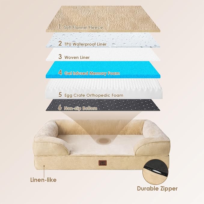 EHEYCIGA Orthopedic XXL Dog Bed, Waterproof Washable XL Big Pet Bed 52" | Non-Slip Bottom and Egg-Crate Memory Foam Extra Large Pet Couch Bed with Washable Removable Cover, Greige - Image 3