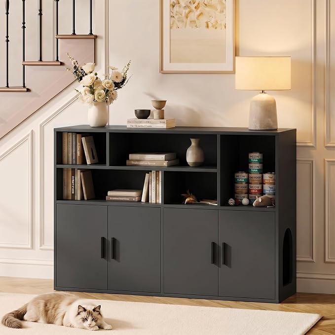 Amunrbrek Double Litter Box Enclosure, Hidden Cabinet with Storage, Black | Pass-Through Design Makes Cats Feel Safe - Image 7