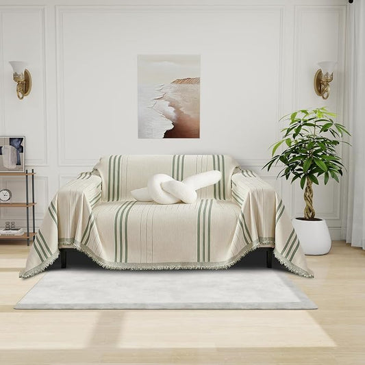 DREAMINGO Chenille Armchair Cover Jacquard Sofa Covers Washable Furniture Protector Recliner Couch Cover 1 Cushion Reversible Chair Cover Beige Green Striped Couch Cover Blanket 71"x 71" by DREAMINGO