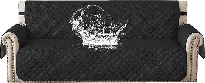 Waterproof Couch Cover for Pets, Sofa Covers for 3 Cushion Couch Washable, Non Slip Couch Covers for Dogs with Side Pockets Elastic Straps, Quilted Couch Covers for Sofa (Sofa, Black) by CYCMACOHOME