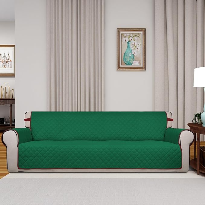 PureFit Reversible Quilted Couch Covers for Dogs Sofa Cover 4 Seater 88" | Green/Red, Water Resistant Couch Protector, Washable Pet Couch Cover with Non Slip and Elastic Straps For Kids - Image 2