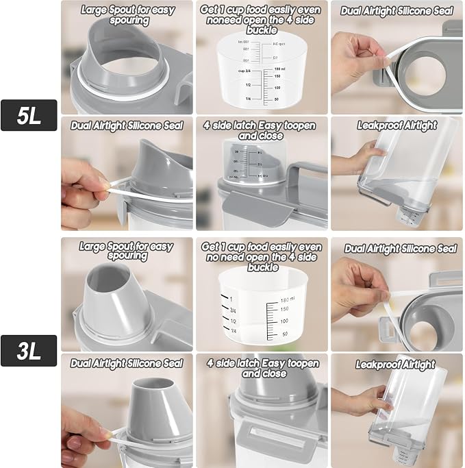 Dog Food Storage Container, Upgraded Large Nozzle BPA-free, 8-12 LBS Plastic Pet Food Storage Containers, With 4 Sealed Clasps, 1 Measuring Cup and Handle, Easy to Clean and Carry -2 Packs - Image 6