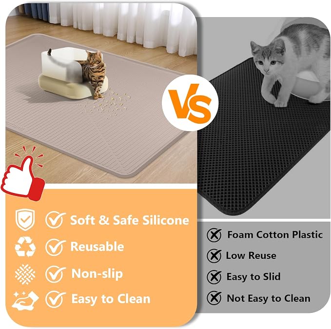 Silicone Cat Litter Mat 45" x 30" Cat Mat for Litter Box, Khaki | Extra Large Cat Litter Trapping Mat for Floor, Waterproof, Non-Slip Kitty Litter Box Mat with Raised Edge, Easy to Clean - Image 3