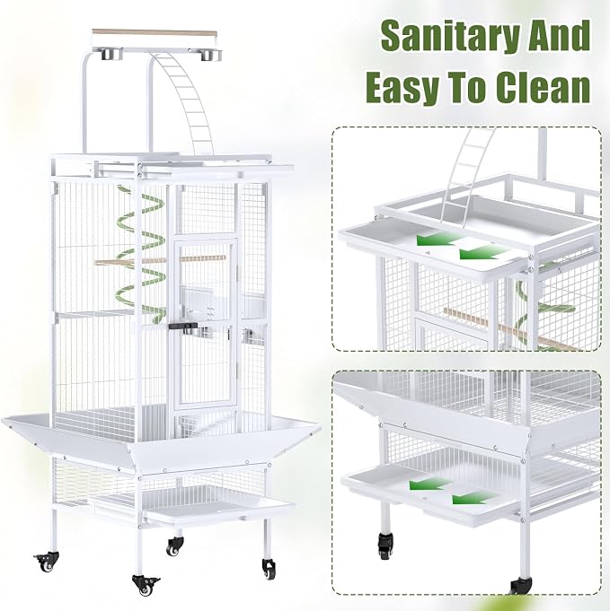 Erinnyees 61 Inch Wrought Iron Large Bird Cage with Rolling Stand, Heavy-Duty Parakeet Cage with Pull-Out Tray and Wheels, Birdcage for Parrots, Cockatiels, Budgies, Lovebirds, Macaws (White) - Image 4