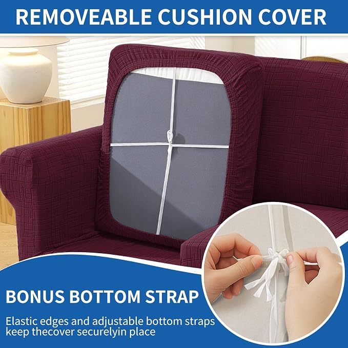 CYCMCAO Stretch 2 Piece Armchair Covers, Non Slip Chair Covers Armchair, Sofa Covers for Pets Washable with Elastic Bottom, Couch Slipcover for Kids, Dogs (Burgundy), 31"-46" (1 Cushion) - Image 6