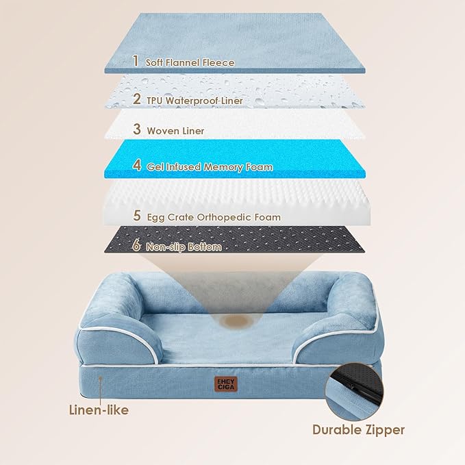 EHEYCIGA Orthopedic XXL Dog Bed, Waterproof Washable XL Big Pet Bed 52" | Non-Slip Bottom and Egg-Crate Memory Foam Extra Large Pet Couch Bed with Washable Removable Cover, Washed Blue - Image 5