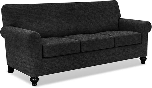 URBANLIFE 4-Piece Stretch Sofa Covers for 3 Cushion Couch, Black | Super fitted spandex slipcovers for couches. Non-slip elastic bottom. Machine washable furniture protector for kids & pets. by URBANLIFE