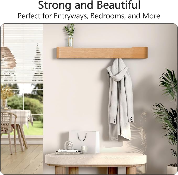 Coat Rack Wall Mount with Hidden Hooks Modern Key Holder Wood Entryway Hook with Shelf for Bedroom Kitchen Hallway Bathroom Designed for Hanging Coats Hats Bags Towels Dog Leashe(Oak,8 Hooks) - Image 5