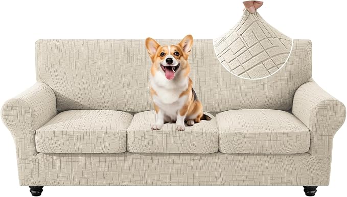 4 Piece Stretch Sofa Covers for 3 Cushion Couch, Non Slip Couch Covers for Sofa, Pet Couch Cover Washable, Couch Slipcover for Dogs, Kids (Beige), 91"-110" (3 Cushion XL Sofa) by CYCMACOHOME