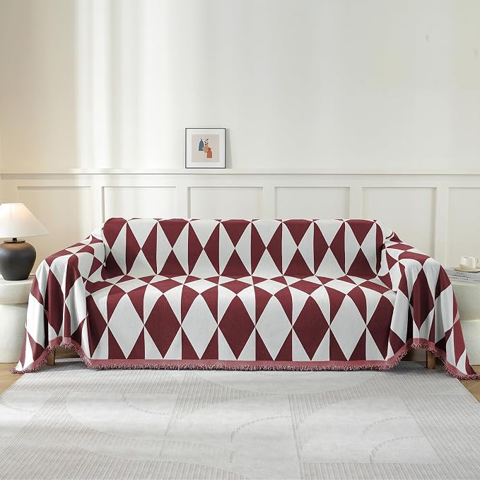 Couch Cover for Sofa, Boho Sofa Cover Washable Couch Cover for Dogs, Pet Sofa Cover for 2-Cushion Couches with Tassel Furniture Protector Cover,71" x 118",Red-Diamond by YSTELLAA