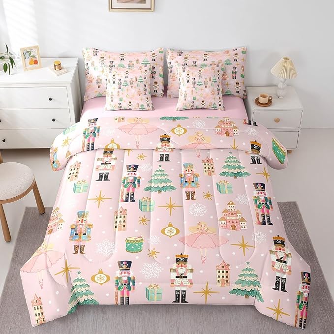 Erosebridal 7Pcs Pink Christmas Comforter Set King Size,Christmas Nutcracker Bedding Set,Dreamy Castle Princess Bed in A Bag,Xmas Galaxy Snow Quilt with Flat Fitted Sheet for Kids Boys Girls by Erosebridal