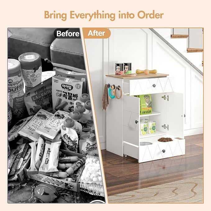 Pet Feeding Station with Storage, Raised Dog Bowls, Pet Feeder Cabinet, with Adjustable Shelves, Rolling Drawer, Hooks, for Feeding & Watering Supplies (Light) - Image 5