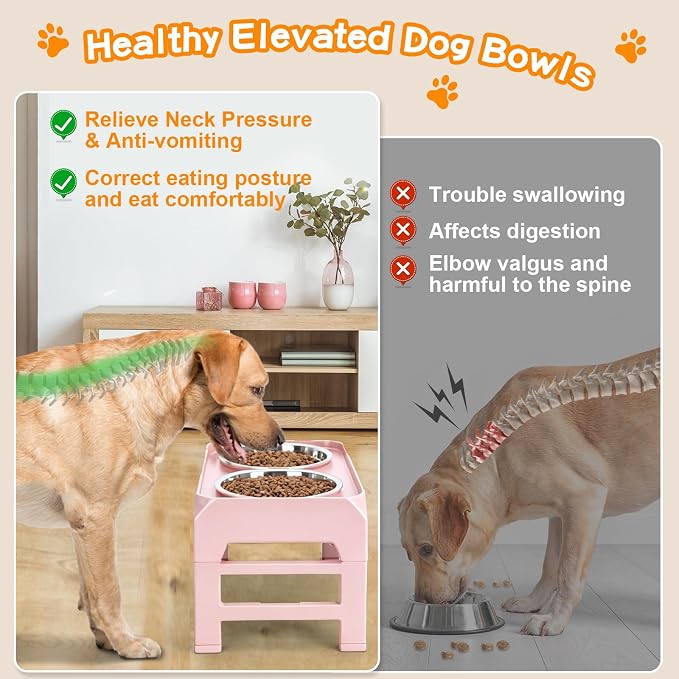 COMESOON Elevated Dog Bowls, 4 Height Adjustable Raised Bowl Stand with 2 Thick 50oz Stainless Steel Food Bowls Non-Slip Feeder Adjusts to 3.7'', 9.2'', 10.75'', 12.36'' Pink - Image 3