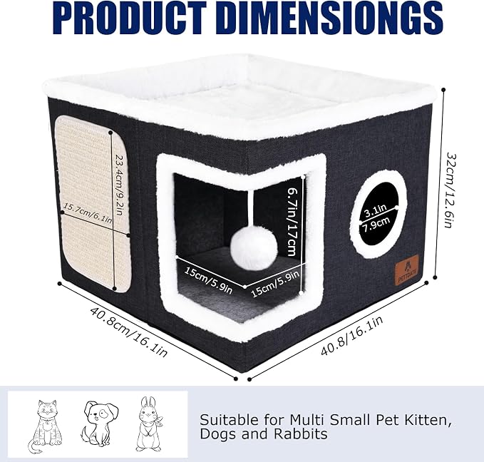 Cat Beds for Indoor Cats, Large Cat Cave Bed with Scratch Pad and Fluffy Ball, Foldable Cat Hideaway, Cat House with Reversible Cushion for Multi Small Pet Up to 30LBS, Dark Grey - Image 2