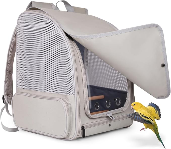Bird Backpack Carrier with Front Zipper Opening, Portable Bird Travel Carrier Cage with 2 Standing Perches and Metal Tray, Breathable Transport Bag for Parakeet, Budgie, Conure, Cockatiel, Parrot - Image 6