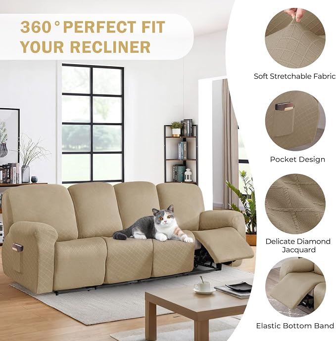 vctops Diamond Recliner Sofa Covers 10-Pieces Stretch Large RV Couch Covers for 4 Seats Reclining Slipcovers Soft Solid Furniture Protector (Light Coffee,4 Seat) - Image 4