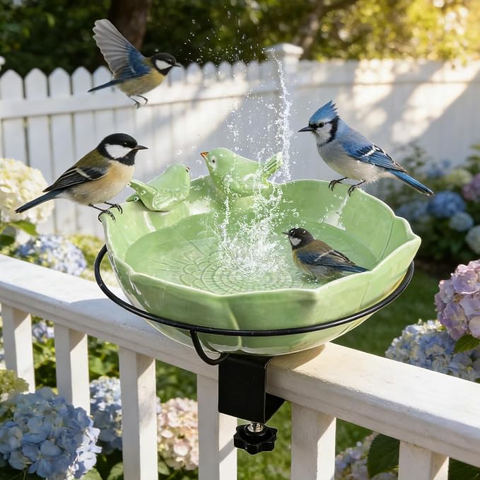 Glazed Ceramic Bird Bath for Deck Railing, 11 Inch Outdoor Bird Feeder Bowl with Adjustable Clamp, Easy Install Balcony/Patio Birdbath for Outside Garden Backyard Decoration, Green by inanil