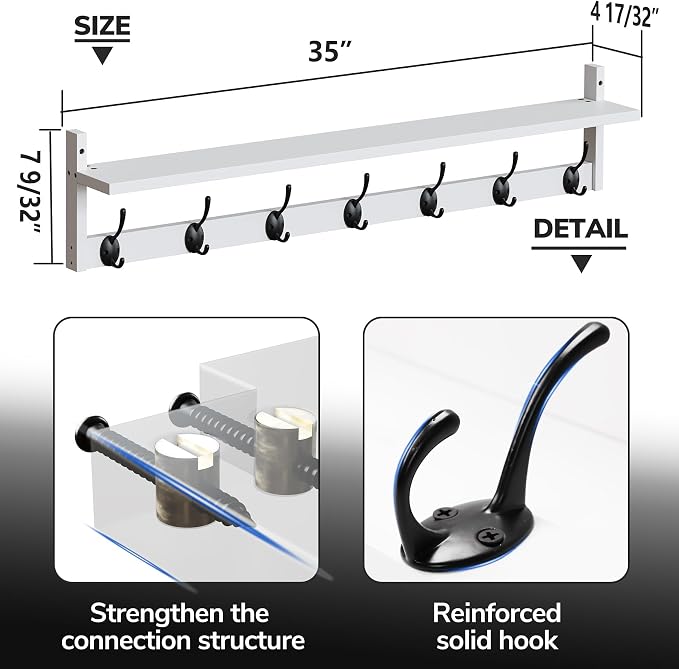 BAMEOS 35" L Wall Hooks with Shelf, Entryway Coat Hooks, Wood Wall Hanging Shelf, Wall-Mounted Coat Rack with 7 Dual Metal Hooks for Bathroom, Kitchen, Living Room, Bedroom (White) - Image 3