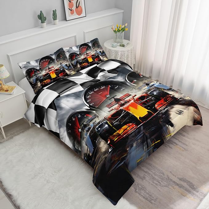 Racing Theme Comforter Set Racing car Extreme Sports Competition Quilt Sets with 1 Comforter and 2 Pillowcases for Kids Boys Bedroom All Season（Race Car-2 Full） - Image 2