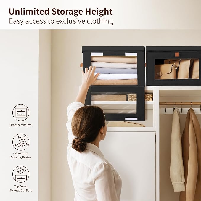 Homsorout Collapsible Storage Bins - Large Stackable Organizer Bins, Decorative Boxes with Handles & Window, Fabric Containers for Living Room, Closet, Dorm, 6 Pack, Black - Image 2
