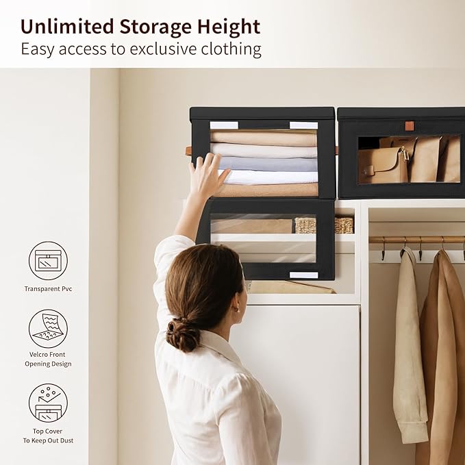 Homsorout Large Closet Storage Bins - Collapsible Clothes Organizer with Handles & Window, Decorative Boxes with Lids, Linen Closet Organizers for Living Room, Dorm, 8 Pack, Black - Image 2