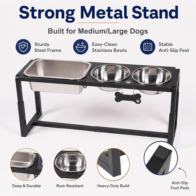Metal Elevated Dog Bowls for Medium/Large Breed, 3 Adjustable Height(8.8''/11.5''/14'') Raised Dog Bowl Stand with Two 58oz & One 1.2gallons Large Stainless Steel Dog Food Water Bowls - Image 6
