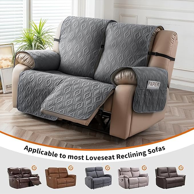 Genina Loveseat Recliner Cover Non-Slip, Sofa Cover for Reclining Couch 2 Seat, Loveseat Covers Double Recliner Furniture Protector Cover with Elastic Straps for Pets (Dark Gray, Recliner Loveseat) - Image 3