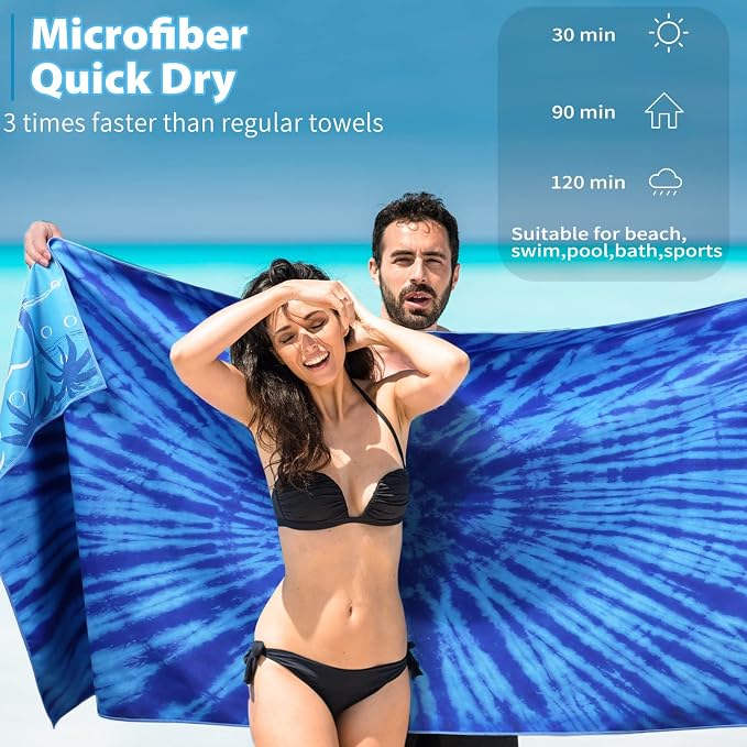 TwoYek Microfiber Beach Towel Extra Large 71x32 inches Blue Tie Dye Print | Thin Lightweight, Sand Free, Super Absorbent Quick Dry, Oversized for Travel Pool Swim Bath Accessories Vacation Essentials - Image 4