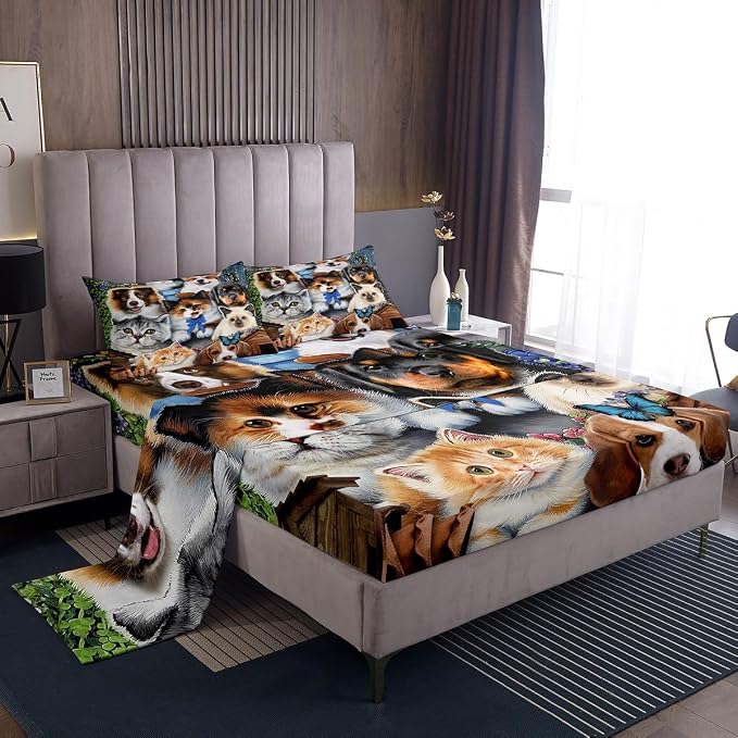 Cat Sheet Sets Queen for Boys Girls Kids Kawaii Bedding Cute Animal Pet Kitten Flat Sheet Lovely Kitten Puppy Fitted Sheet Cartoon Kawaii Dog Animal Design Toddler Bedroom Collection Bed Sheet Set by Erosebridal