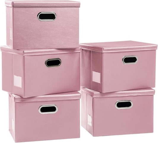 PRANDOM Large Stackable Storage Bins with Lids [5-Pack] Leather Fabric Foldable Storage Boxes Organizer Containers Baskets Cube with Cover for Bedroom Closet Office Nursery Pink (17.7x11.8x11.8) by Prandom