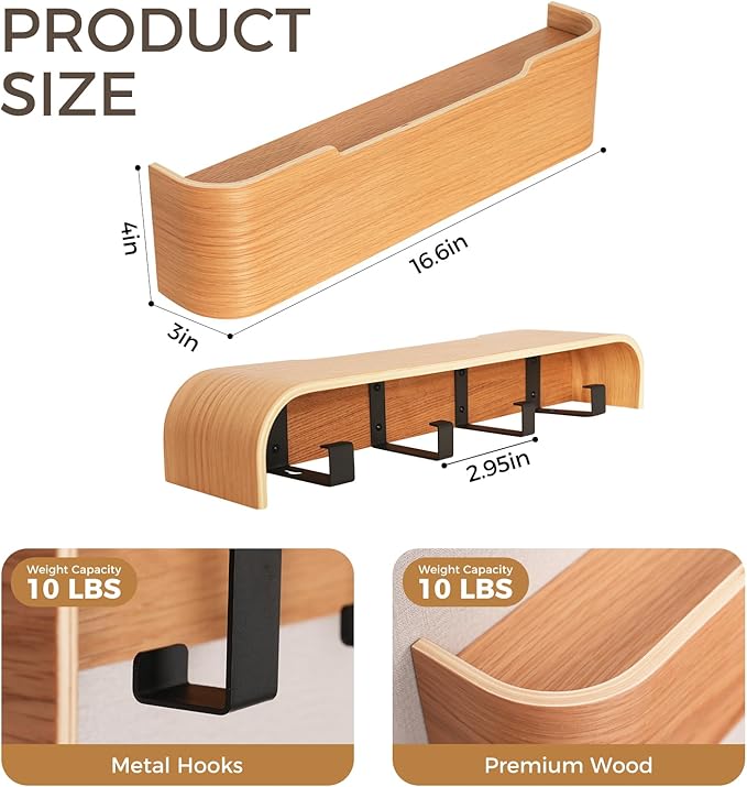 Coat Rack Wall Mount with Shelf Entryway Shelf Modern Key Holder Hanger Wall Shelves with Hidden Hooks for Hanging Towels Coats Hats Bags for Hallway Bathroom Bedroom(Oak, 4 Hooks) - Image 2