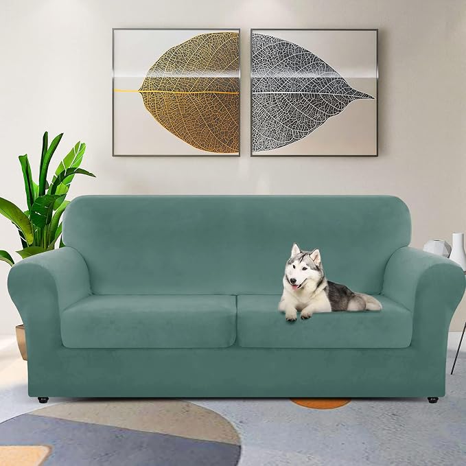 ZNSAYOTX Oversized Velvet 3 Piece Couch Cover with 2 Extra Large Seat Cushion Covers Stretch Sofa Cover for 2 Cushion Couch Thick Soft Loveseat Sofa Slipcover (Pea Green),72"-92"(2 Cushions) - Image 2
