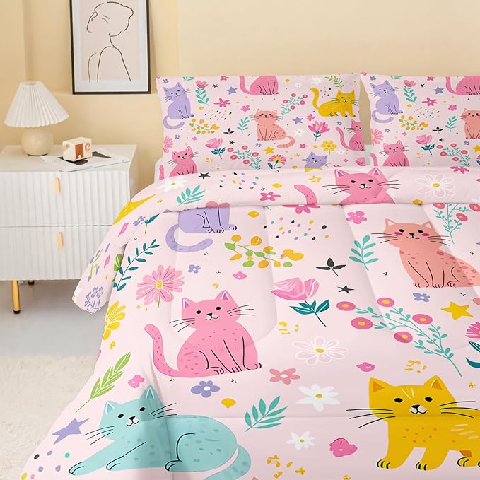 QOOMO Floral Cat Comforter Queen Size,Pink Cat Bedding Set for Kids Teens Girls,3Pcs Bedding Set Printed Comforter with 2 Pillowcases,Down Alternative,Soft and Lightweight(Pink，Queen Size) - Image 4