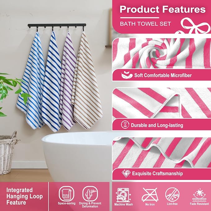 JML Microfiber Beach Towels, 4 Pack, 30" x 60", Stripe Pink White | Hanging Loop,Soft, Absorbent, Quick Dry, Lint-free, No Fading Bath Towel for Summer Swimming Pool Party - Image 3
